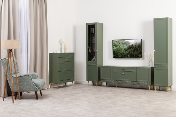 Гостиная Марион композиция 1 дымчатый зеленый K521, олива шагрень AG 1050 ПВХ, белый PE шагрень (собирается на любую сторону)