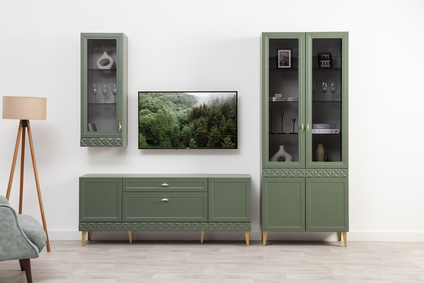 Гостиная Марион композиция 1 дымчатый зеленый K521, олива шагрень AG 1050 ПВХ, белый PE шагрень (собирается на любую сторону)