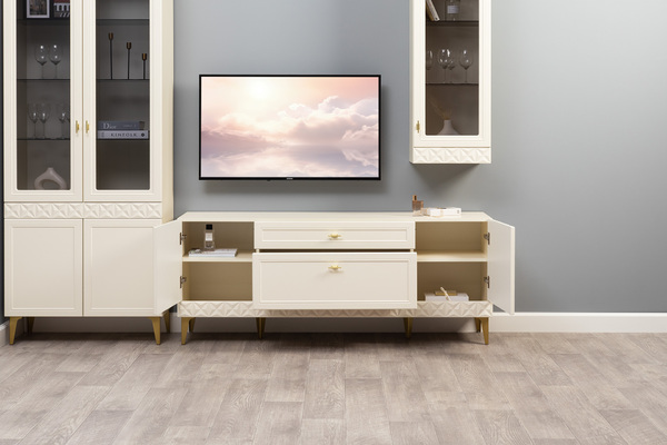 Гостиная Марион композиция 1 слоновая кость С341 PE, слоновая кость 6898 ПВХ, белый PE шагрень (собирается на любую сторону)