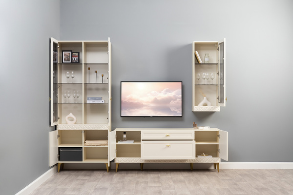 Гостиная Марион композиция 2 слоновая кость С341 PE, слоновая кость 6898 ПВХ, белый PE шагрень (собирается на любую сторону)