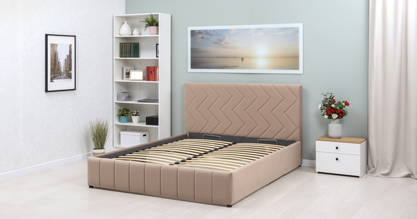 Кровать Милана 160 велюр бежевый кофейный с ортопедическим основанием и подъемным механизмом