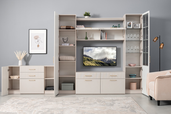 Гостиная Ричфорд композиция 2 без карнизов, кашемир 5981 BS, моно керамика D166-2 ПВХ, белый PE шагрень (собирается на любую сторону)